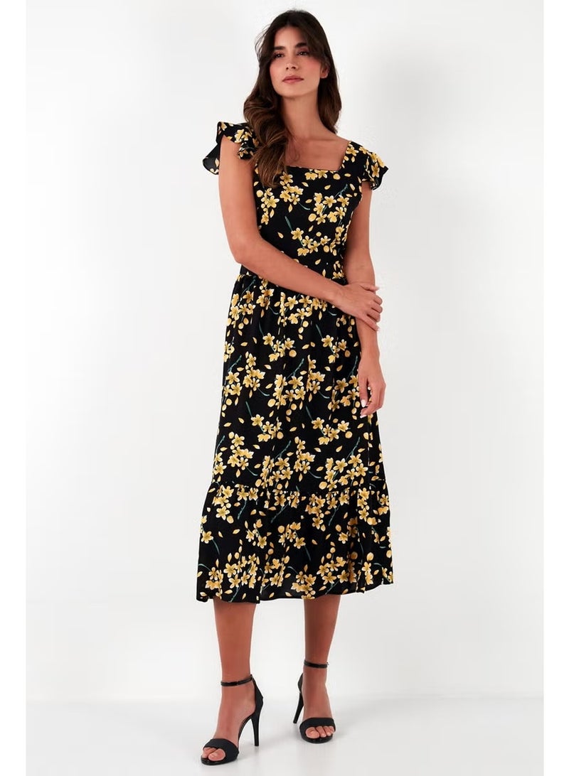 Lela Patterned Regular Fit Square Collar Flounced Midi Dress Women's Dress 611EL501 - Image 3